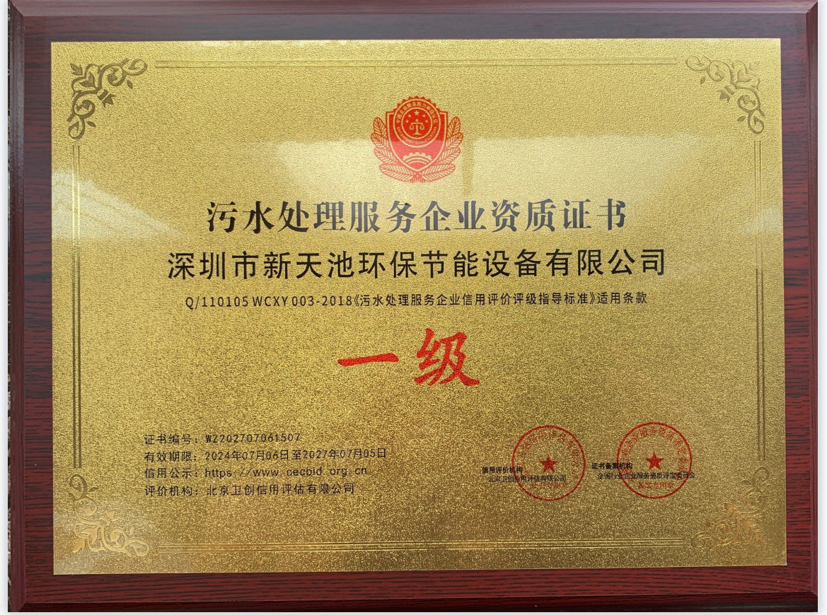 一级污水处理服务企业资质证书